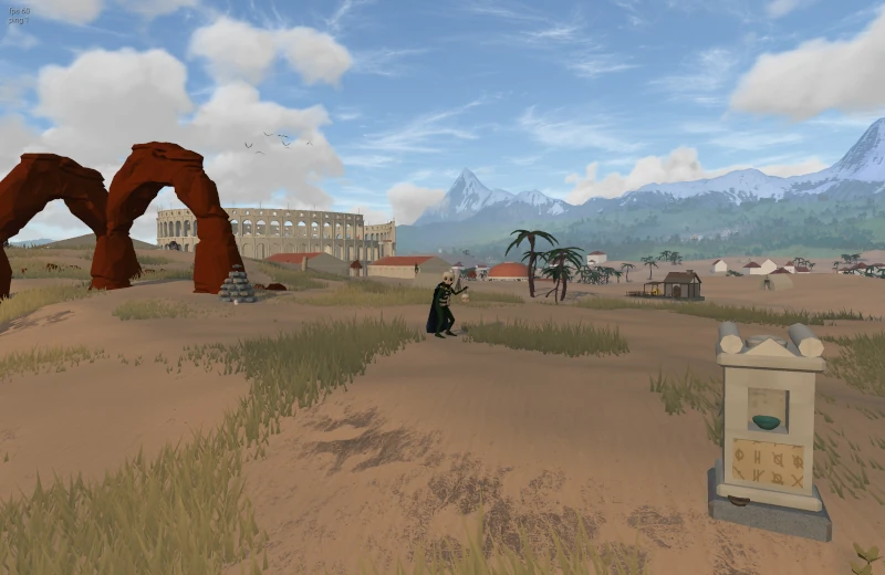 Desert arches, a colosseum and pyramids beneath distant snowy mountains
