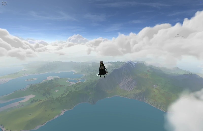 A view over mountains, forests and coastlines with the frame rate counter showing 60 FPS