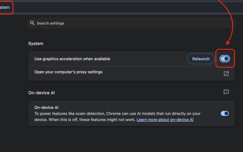 Chrome System settings with the graphics acceleration toggle switched on, required to run Slopa