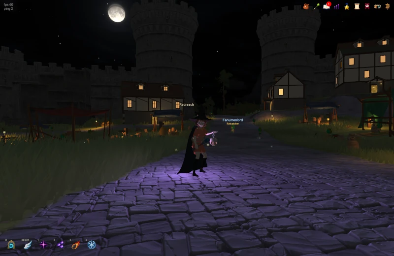Moonlight and glowing windows along a street in Redreach at night