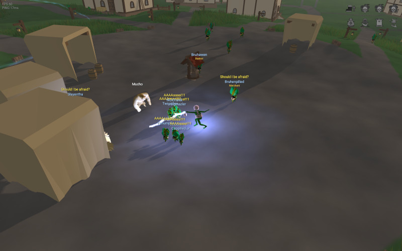 Players gathered in a village square at night in the Slopa 3D online RPG